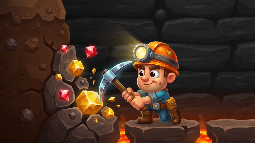 ��ͨ�������lava digger���Ӿ�ͼ��������һλͷ����ɫ��ư�ȫñ�����շ����ͷ�Ŀ�ͨ�󹤣������ڻ������·���������ѿ����Ҳ㣬��ɫ�����м���ɫ��ʯ�����ܷɽ��������Ǵ����ɫ������ɵ��Һ�ɫ�Ҳ��������¶�Ѩ������ײ��ҷ���͸���Ⱥ�ɫ���ҹ�â������λ������(512,660)�����������򸲸�����(0,0)��(1024,1024)������ɫ���������ޣ���Ϸ���������ʸУ�ϸ�ڷḻ