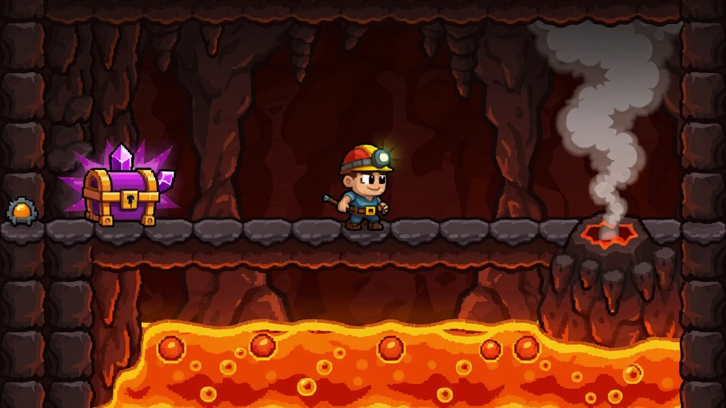 lava digger��Ϸ������ҹؿ����棬��ͨ�󹤽�ɫվ�ڻ����в���խ����ʯƽ̨�ϣ������Ƿ�ӿð�ݵĳȺ�ɫ�ҽ���������ұ�Ƕ�ŷ������ɫˮ�����䣬�Ҳ������������ɫ����������λ������(512,560)�����������򸲸�����(0,0)��(1024,1024)����ɫ����Ѩ��Χ�����ҹ�Ч�Ա�ǿ��