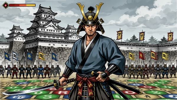 炼瓦侍游戏画面,中心位置显示主角武士持刀站立,背景是日本战国城池与军队阵列,水墨风格,色彩鲜明,突出策略战棋氛围