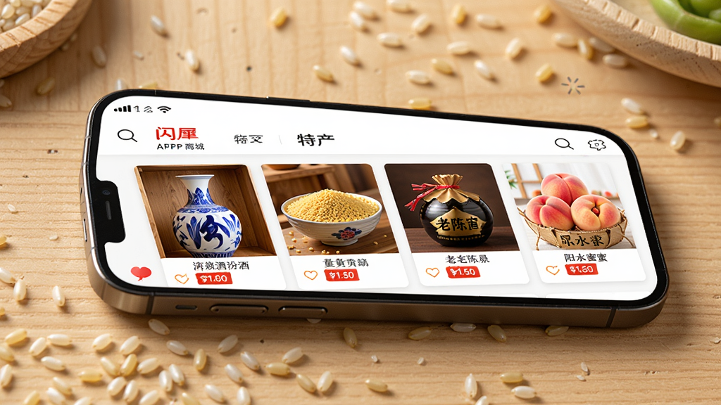 �ֻ�ƽ����ľ�������ϣ���Ļչʾ��ϬAPP�ز��̳�ҳ�棬�����ϰڷ����໨��ƿ�ھơ����ɫ��С�ס����ɫ�ϳ´׺���Ȫˮ���ң���Ʒ��Ƭ���м۸��ǩ������ɢ�伸��С������׺�������Ȼ�⣬���̲�Ʒ��Ӱ���ɫ�ʱ���