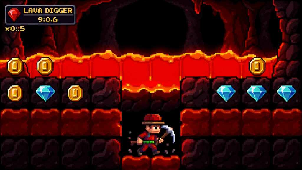 lava digger��Ϸʵ��������д������Ϊ���ط���С���ڻ������·�(x:0.5,y:0.6)���������ھ������㣬�Ϸ��ķ�֮һ�����ǽ�׷���������ɫ����ǽ���Ҳ�������Ƕ�������ɫ��ʯ�����Ͻ���lava digger�Ʒ�������Ԫ�أ�����Ϊ��ɫ��Ѩ������Һ��ӳ�����ұ��ϣ���Χ���Ŵ̼�����Ϸ�����ʸ���������