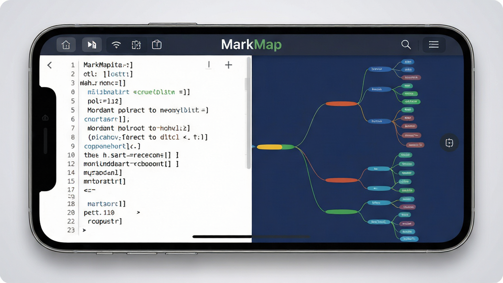 �ֻ�Ӧ�ý�����д����ͼ��MarkMap�༭�������ҷ������֣����Ϊ�׵׺��ֵ�Markdown���ı��༭�����Ҳ�Ϊ����ɫ�����Զ����ɵĲ�ɫ��״˼ά��ͼ���ڵ����ƽ���������ӣ����涥����MarkMap�ֱ꣬�����Ե����΢����ͶӰ������Ϊ����ǳ�ҽ��䣬UI��Ƹ����ͼ���ϸ����������