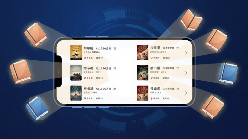 搜书神器聚合搜索功能演示,画面中央为一部横向摆放的智能手机,屏幕显示搜索结果列表页,多条带书籍缩略图的书源条目整齐排列,手机四周环绕发光的书籍图标,光线汇聚到屏幕中心,深蓝色科技感渐变背景,扁平插画风格,光效柔和,层次分明