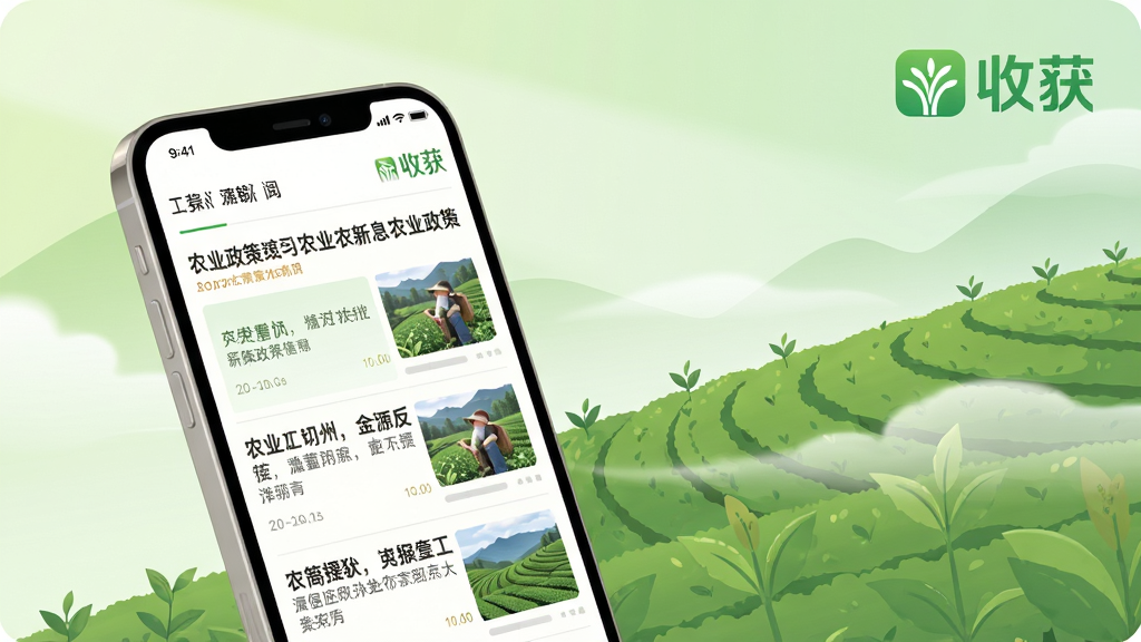 �ջ�APP��ũ������Ϣ���������ͼ������Ϊһ��΢΢��б�������ֻ����ڻ�����࣬��Ļ������������ũҵ�������ű�����ͼƬ����ͼ����Ļ���Ͻ����ջ���ɫ��ʶˮӡ������Ϊǳ��ɫ��ɽ���䲢Ʈ�ŵ�����������ƽ�廭������ϸ���Ӱ����ɫ������Ȼ�����廭��