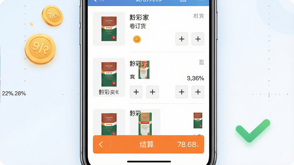 ǭ�ʼ�APP���߶������ܽ�����д���ֻ���Ļռ�ݻ�����������(50%,50%)λ�ã���Ļ��չʾ������Ʒ���ﳵҳ�棬��Ʒ����ͼ�������Ӽ���ť��ײ���ɫ�����������ɼ�����Ļ���Ϸ�����(22%,28%)�����·�����(78%,68%)Ư�������Թ�����װ��Ԫ�أ�ǳ����ɫ�ɾ���������ƽ��UI��Ʒ��������͹��ߣ�����ϸ����Ⱦͼ