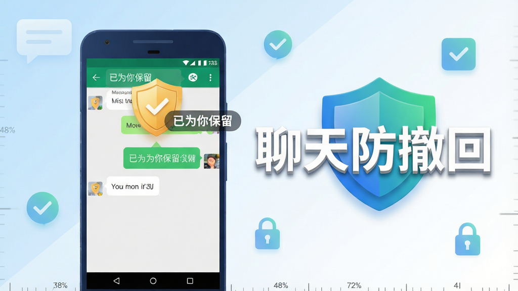 扁平风格手机应用宣传图,画面主体为一部竖立的深蓝色安卓智能手机,位于画面中央偏左坐标约(38%,48%),屏幕中显示绿色聊天对话界面,一条消息气泡上方悬浮金色盾牌图标并带有“已为你保留”白色小字标注;手机右侧坐标约(72%,42%)放置“聊天防撤回”白色中文立体大字与蓝绿渐变盾牌LOGO;背景为浅蓝到白色的柔和斜向渐变区域,四周点缀半透明对话气泡、对勾与锁形小图标,整体干净明亮,细节锐利,16:9横版构图