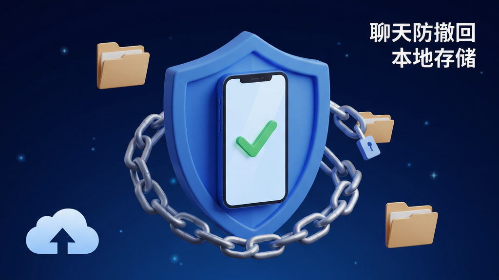 隐私安全主题宣传图,深蓝夜色渐变背景,画面正中坐标(50%,52%)一枚立体蓝色盾牌托起一部亮屏手机,屏幕显示绿色对勾,盾牌四周环绕闭合锁链与本地文件夹图标,右上角有“聊天防撤回 本地存储”白色小号中文字样,左下角一枚断开的云朵图标表示不上传云端,光影柔和质感细腻,16:9构图