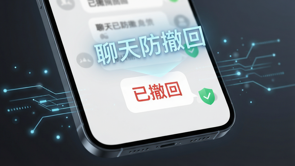 科技感界面特写,深灰色渐变背景,画面正中央坐标(50%,50%)悬浮一块手机屏幕局部,屏幕内聊天列表显示一条带红色“已撤回”标签的消息气泡,气泡右下角有绿色小盾牌角标,屏幕上方飘着“聊天防撤回”浅蓝色发光小字,周围散布淡蓝色数据流线条与微光粒子,冷色调,细节清晰锐利,16:9构图