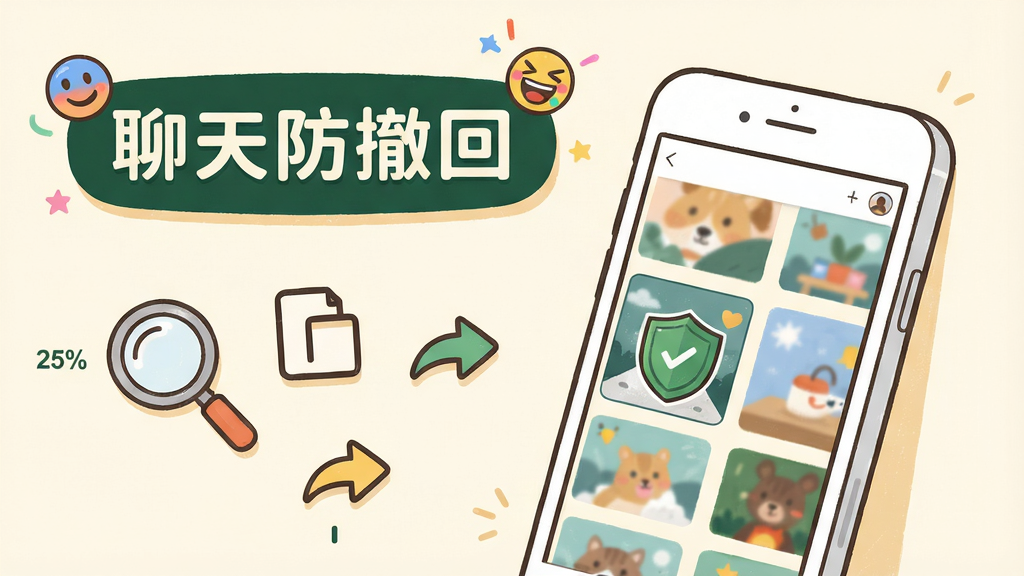 清新插画风格预览图,米白色背景,中央偏右坐标约(60%,50%)一台白色智能手机斜立,屏幕里展示缩略图网格相册界面,其中一张图片带绿色盾牌保留标记;画面左侧坐标约(25%,45%)绘有放大镜、复制按钮与转发箭头图标,顶部横幅写有“聊天防撤回”深绿色圆体中文字,点缀彩色表情符号元素,明亮活泼,16:9构图