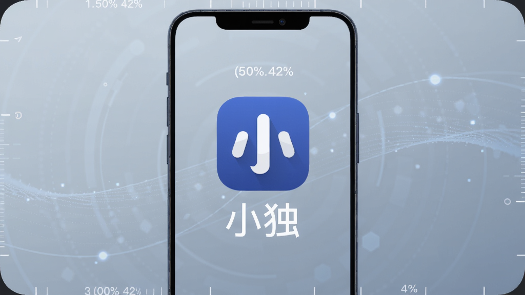 竖屏安卓手机屏幕正中央展示小独软件主界面,深蓝色扁平化工具图标位于画面坐标(50%,42%)位置,图标下方带有小独两个白色汉字,背景为浅灰蓝色渐变科技纹理区域,四周点缀细微光点与流动线条,整体简洁清爽,高清写实渲染风格,适配Boogu模型生成