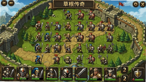 草根传奇 游戏主界面 动态战场 兵种图标 地图格子,2D风格,色彩明亮,布局紧凑,展示经典战棋画面