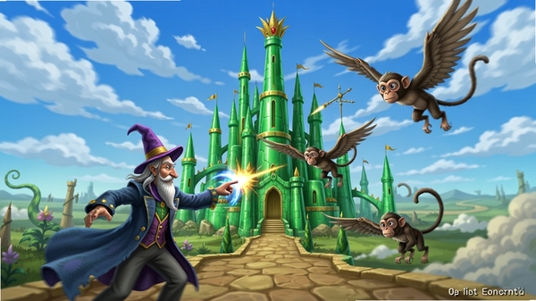 魔境仙踪电脑版游戏画面,奥兹国翡翠城,魔法师与飞猴,战斗场景,背景蓝天白云,主体居中
