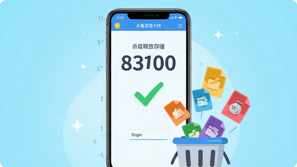杀毒清理大师垃圾清理功能演示图,画面主体为一台居中的智能手机,位于画面坐标(0.5,0.5)处,屏幕展示杀毒清理大师清理完成页面,大大的已释放存储容量数字与绿色对勾,背景为明亮清爽的浅蓝色渐变,多个彩色垃圾文件图标被扫入卡通垃圾桶,风格为清新明快的扁平插画,色彩明亮活泼,细节丰富