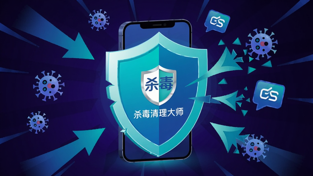 杀毒清理大师实时防护概念图,画面主体为一面发光的蓝绿色安全盾牌环绕着一台智能手机,位于画面中心坐标(0.5,0.48)处,盾牌表面带有杀毒清理大师标识,背景为深紫色渐变象征外部威胁,多个病毒箭头与诈骗链接图标被盾牌弹开并碎裂,风格为科技感立体扁平插画,光影对比强烈,细节丰富