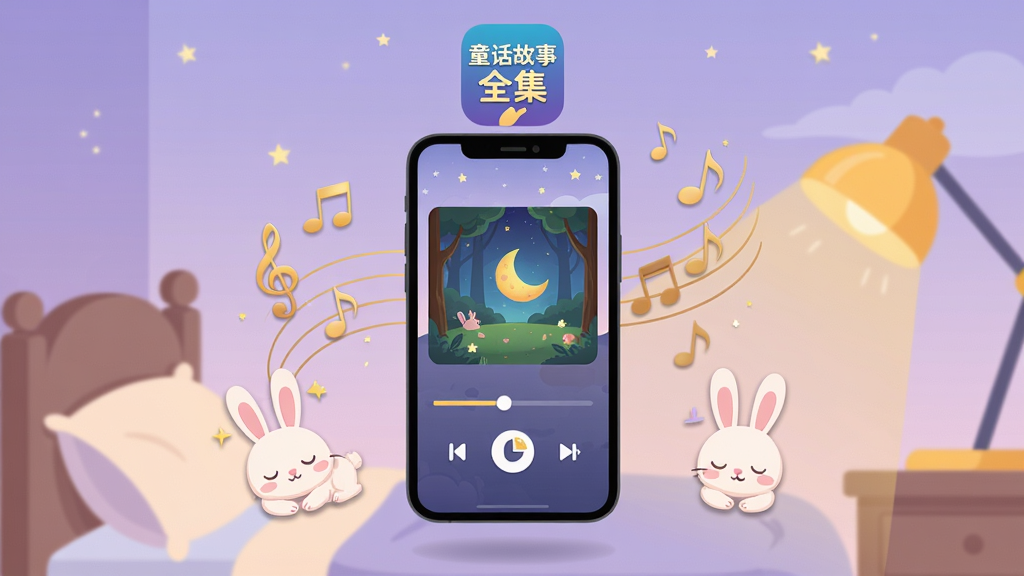 ͯ������ȫ��App˯ǰ���������ʾ����������λ������(0.5,0.5)����һ�����������ֻ���������͵�����ҹ�����룬��Ļ��ʾ���ڲ��ŵ�ͯ��������Ƶҳ�棬���в��Ž�������������ʱͼ�꣬�ֻ���Χ�����Ž�ɫ��������˯��С���Ӳ廭����Ļ�Ϸ�����ͯ������ȫ��Ӧ�ñ�־����������Ϊ����ɫ����ҹ����ů��ɫ̨�ƹ��Σ����������ܰ����ƽ�廭���