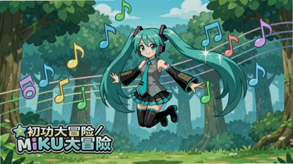 初音大冒险/MIKU大冒险 游戏主界面 初音未来在森林中跳跃 背景有彩色音符 卡通风格 宽屏16:9 清晰明亮