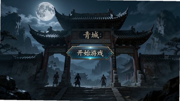 异常:青城,游戏主菜单界面,背景是一座古老的青城山门,月光下显得阴森,画面中央有“开始游戏”按钮,4K画质,细节丰富