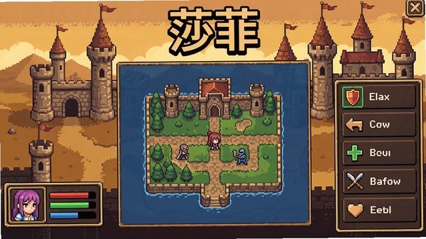 莎菲电脑版游戏主界面,画面中央是像素风格的地图,左侧显示角色状态,右侧有操作菜单,背景为中世纪城堡风格,整体色调温暖,游戏标题“莎菲”醒目显示。