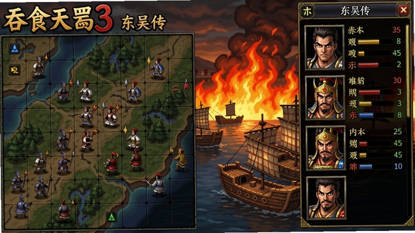 吞食天地3东吴传 游戏主界面截图 左侧为战场网格地图 右侧为武将头像与属性面板 背景为赤壁之战场景 火焰与战船