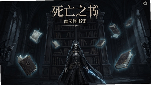 死亡之书:幽灵图书馆 游戏主界面 角色站在巨大书架前 周围漂浮幽灵书卷 暗黑哥特风格 高分辨率截图