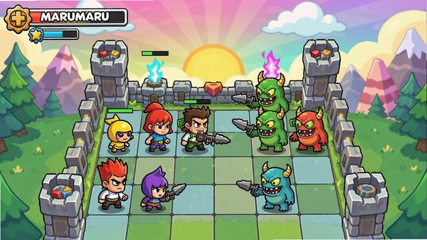 Marumaru game screenshot, cartoon style tower defense battlefield, colorful characters defending against monsters, grid map with vibrant background