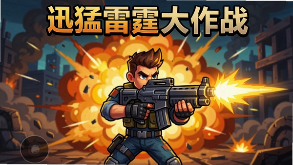 迅猛雷霆大作战游戏主界面截图,角色在屏幕中央持枪射击,背景为爆炸效果,适合Boogu模型生成