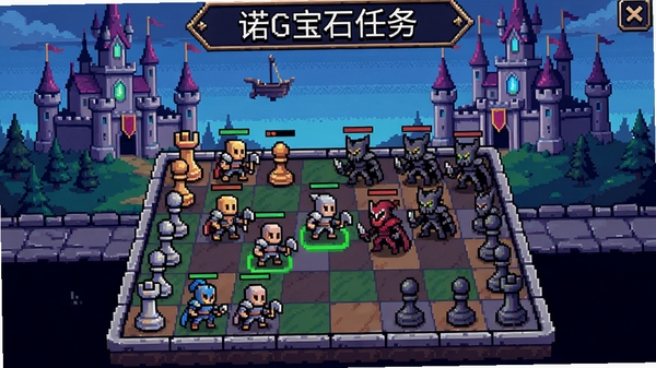 诺格宝石任务,游戏主界面展示,队伍在棋盘上面对敌人,背景为奇幻城堡,丰富色彩,像素风格,适配Boogu模型