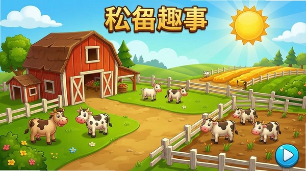 谷仓趣事游戏主界面,农场全景,谷仓和动物,卡通风格,阳光明媚