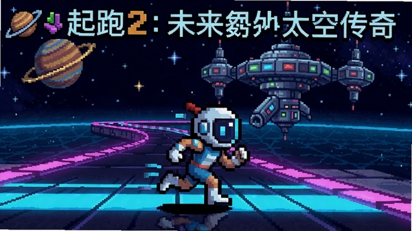 像素起跑2:未来外太空传奇 游戏主界面 角色在霓虹赛道上奔跑 背景为太空站 像素风格 色彩鲜艳