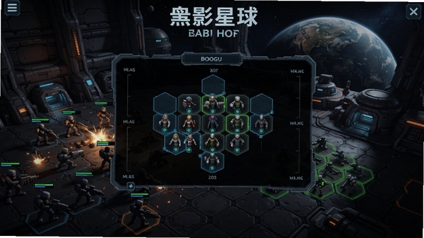 暗影星球游戏主界面,展示科幻星球战场与策略战棋视角,背景为暗色调太空基地,坐标中央为小队阵型布置面板,适配Boogu模型生成。