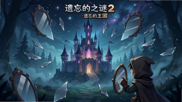画面主体:镜子之谜2:遗忘的王国游戏主界面,中间是一座魔法城堡,周围散落着镜子碎片,背景是星空下的迷雾森林。坐标:中央偏右,一个戴兜帽的角色正在观察。适配Boogu模型。