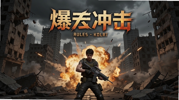 爆裂冲击游戏主界面,主角持枪站在废墟城市中央,前方爆炸火焰升腾,背景灰暗天空与倒塌建筑,画面极具冲击力,4K超写实风格