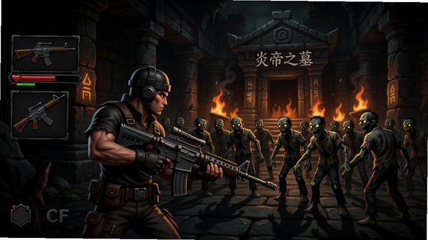 CF单机版炎帝之墓游戏主界面,展示角色持枪面对成群僵尸,背景为炎帝之墓古墓场景,画面暗黑风格,左侧有武器和血量UI,适配Boogu模型生成