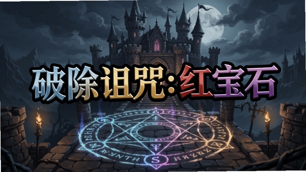 画面主体为游戏标题画面“破除诅咒:红宝石”,背景是古堡与魔法阵,适配Boogu模型生成
