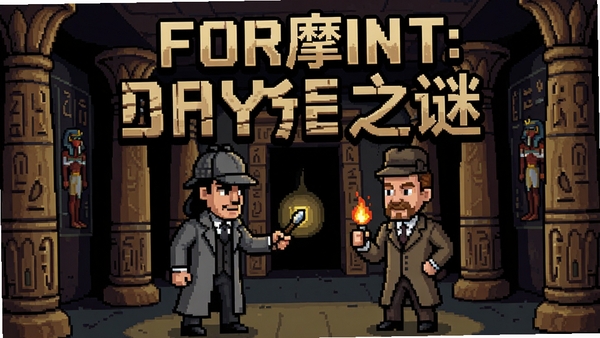 福尔摩斯:木乃伊之谜游戏封面,福尔摩斯与华生在古埃及墓室中探索,神秘气氛,像素风格