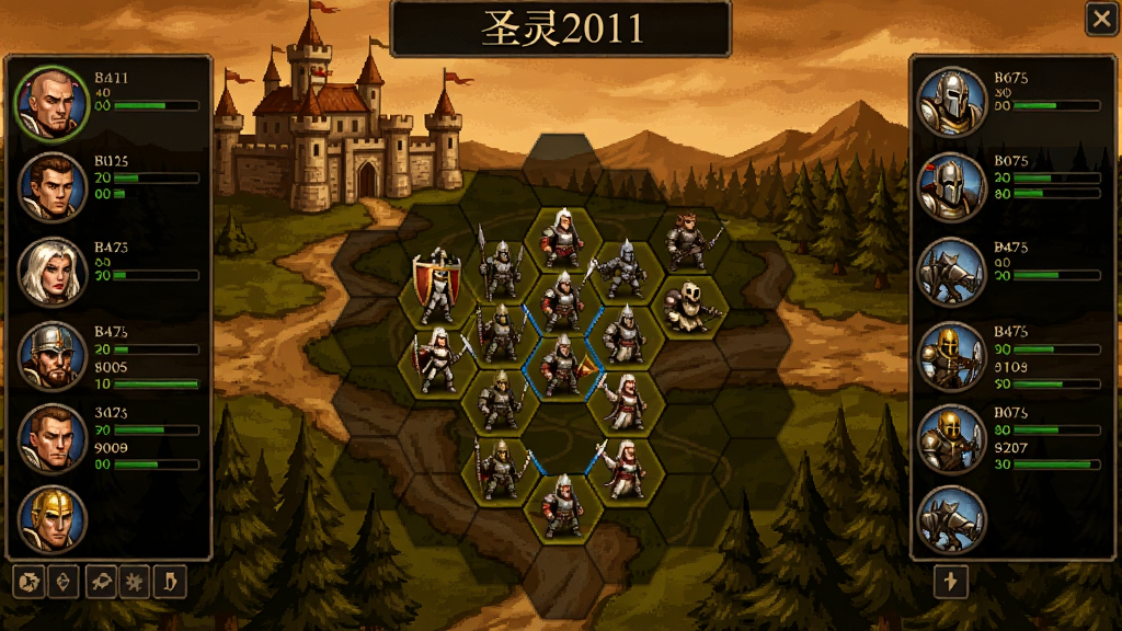 圣灵2011游戏主界面截图,中央是战场六角格地图,两侧列出英雄与部队状态栏,背景为城堡与森林,整体暖色调,突出策略战棋氛围