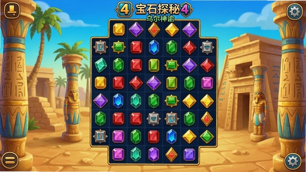 宝石探秘4乌尔神谕游戏截图,展示宝石消除盘面,背景是古埃及遗迹,画面色彩鲜艳