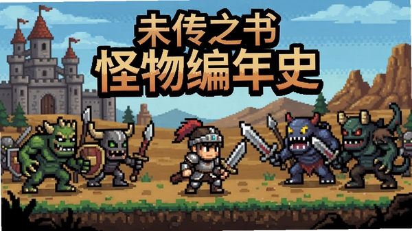 未传之书怪物编年史游戏封面,主角与怪物军团在战场上对峙,像素风格,背景是城堡和荒野,居中构图
