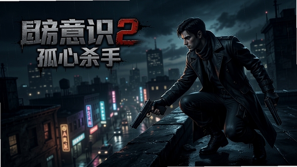图片描述:边缘意识2孤心杀手游戏主界面,阴暗的城市夜景,主角持枪潜伏在屋顶,远处霓虹灯闪烁,整体色调冷峻,充满悬疑氛围。