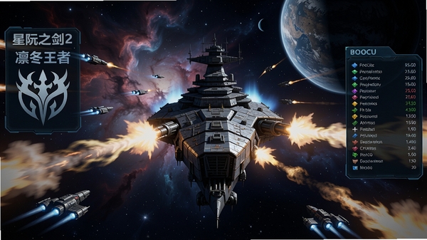 星际之剑2:凛冬王者,太空舰队对战场景,中央一艘巨型战列舰开火,背景是星云和行星,左侧显示种族标志,右侧有资源面板,界面风格科幻,细节丰富,4K画质,Boogu模型