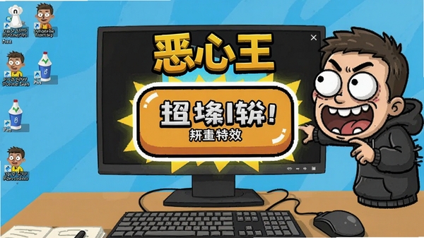 恶心王软件主界面展示,画面中央是整蛊特效按钮,背景为电脑桌面,整体风格搞笑卡通。