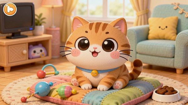 卡哇伊小猫咪电脑版游戏主界面,一只圆脸橘猫坐在彩色垫子上,周围有玩具和食物,背景是温馨的客厅,卡通渲染风格,光线柔和