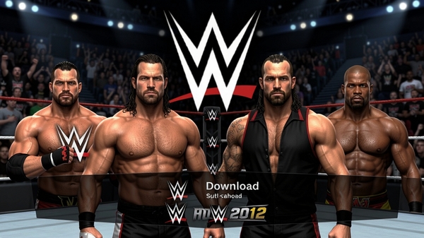wwe游戏2012下载,游戏主菜单界面,WWE擂台背景,超级巨星角色选择画面,高清渲染,游戏截图