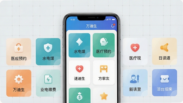万迪生生活服务聚合界面示意图,展示水电煤缴费、医疗预约等图标卡片,背景采用浅灰色网格,中心位置放置手机模型,屏幕内显示万迪生应用界面,风格写实清晰