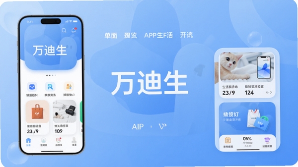 万迪生APP主界面预览图,展示简洁的功能布局与生活服务卡片,背景为柔和的渐变蓝色,中心突出应用名称,整体风格现代且友好