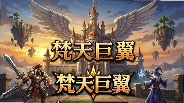 梵天巨翼游戏主城全景预览图,画面中央是一座宏伟的魔幻城堡,背景是落日余晖与飘浮的岛屿,前景有手持武器的战士和法师角色,细节丰富,色彩明亮,风格类似经典传奇游戏宣传画,突出游戏名称“梵天巨翼”的视觉标识。