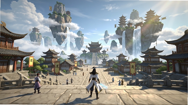 游戏主城全景截图,展示逍遥九重天中云雾缭绕的仙山楼阁与繁华景象,中心为玩家角色站在主城广场,背景是漂浮的岛屿与飞流瀑布,色彩明亮,风格为东方幻想写实,画面细节丰富,光线通透,整体氛围宏大而充满仙气。
