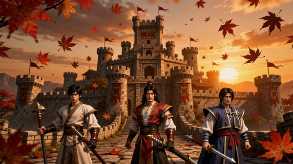枫叶岛游戏全貌预览图,画面中央是一座巍峨的沙巴克古城,背景是漫天飘落的红色枫叶与夕阳余晖,前景站着三位身着经典战法道装备的男女角色,整体风格复古写实,色彩浓郁,光影层次分明,突出热血传奇的磅礴气势。