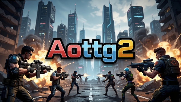 Aottg2游戏主视觉图,展示多名角色在科幻城市废墟中持枪对峙,画面中央为游戏标题Aottg2,背景有爆炸火光与烟雾,整体风格硬朗,色彩对比强烈,适配移动端竖屏海报构图,细节丰富,光影逼真,符合Boogu模型生成要求,图片alt为Aottg2预览图