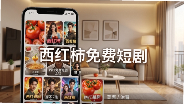 西红柿免费短剧app主界面预览图,手机屏幕展示热门短剧封面墙,背景为现代简约客厅,暖色调灯光,画面中央突出软件名称“西红柿免费短剧”,整体风格清新明亮,适配竖屏手机展示